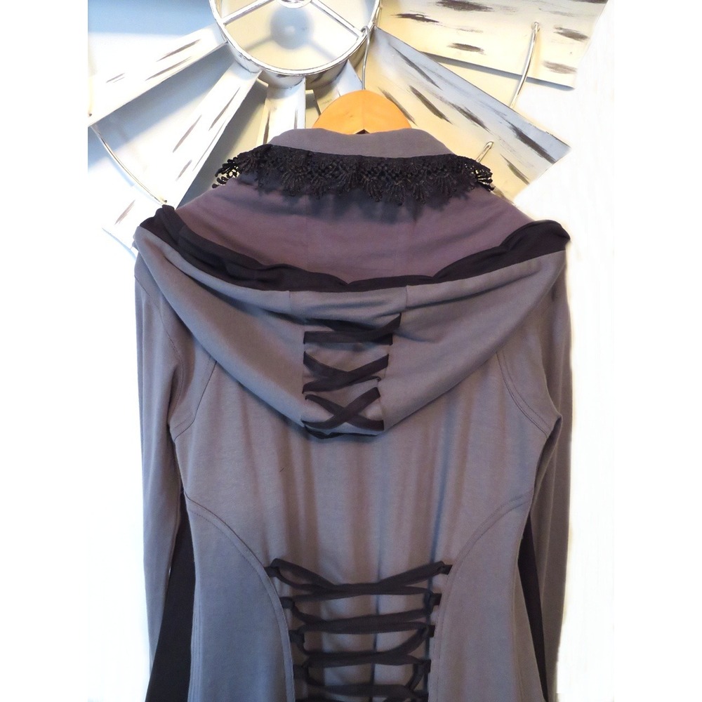 Gothic Style Gray / Black Trim Midi Corst Style Coat Removable Hood Pockets XS - Picture 10 of 16